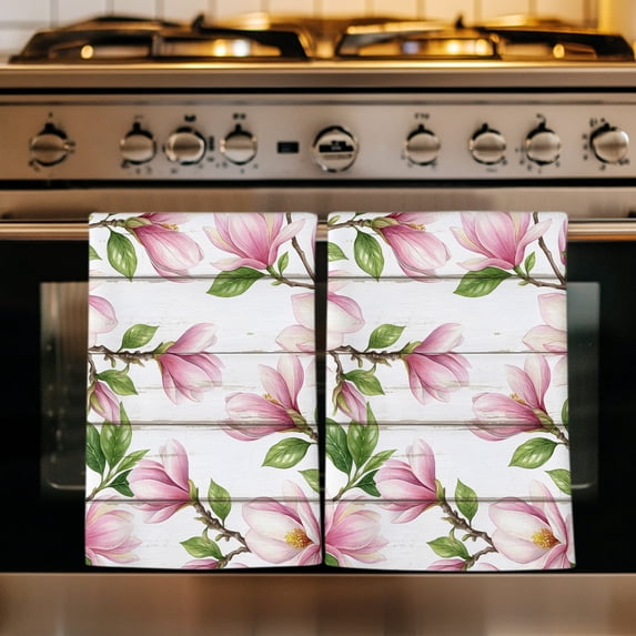 Pink Magnolia Kitchen Towels Set of 4, Country Botanical Blooms Floral Wooden Grain Absorbent Dish Towels for Kitchen, Microfiber Hand Towel, Quick Drying Tea Towel for Cleaning Decorative Dishcloths