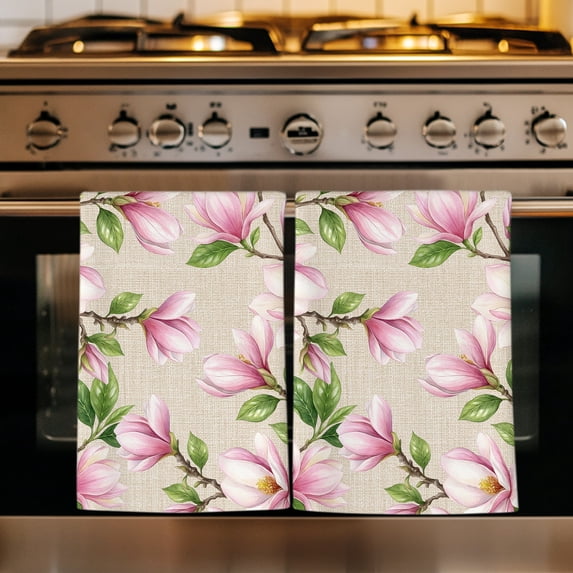 Pink Magnolia Kitchen Towels Set of 4, Farmhouse Seasonal Botanical Blossom Florals Absorbent Dish Towels for Kitchen, Microfiber Hand Towel, Quick Drying Tea Towel for Cleaning Decorative Dishcloths
