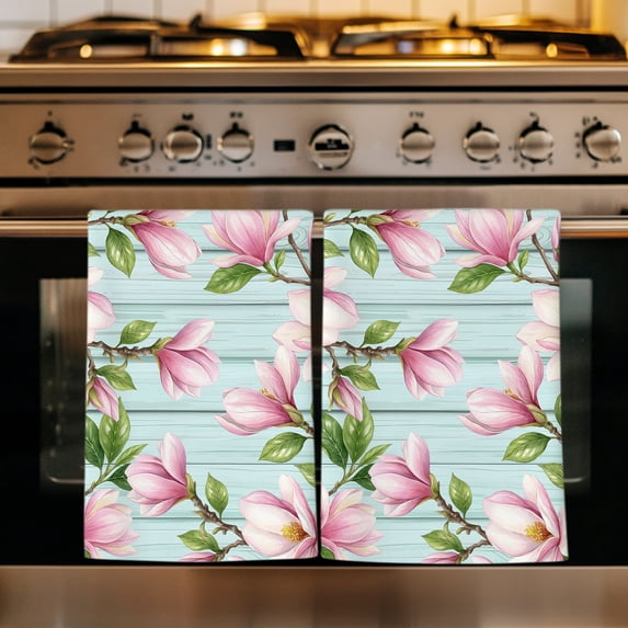 Pink Magnolia Kitchen Towels Set of 4, Rustic Botanical Budding Flowers Aqua Wooden Absorbent Dish Towels for Kitchen, Microfiber Hand Towel, Quick Drying Tea Towel for Cleaning Decorative Dishcloths
