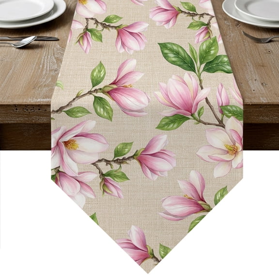 Pink Magnolia Table Runner Linen Burlap Table Runner 36 Inches Small Farmhouse Seasonal Botanical Blossom Florals Dresser Scarves for Kitchen Island Coffee Dining Room Party Holiday Decor 13"x36"