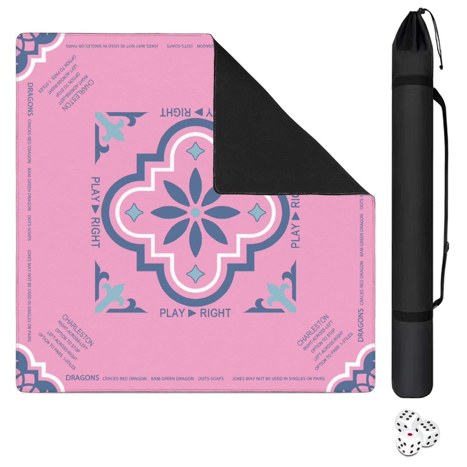 Pink Mahjong Mat with Rules, 31.5*31.5in Anti Slip American Mahjong Mat for Table, Noise Reduction, Neoprene Mah jongg Mats with Carrying Bag & 3 Dices, Mahjong Supplies Gift, Board Tile Games Mats