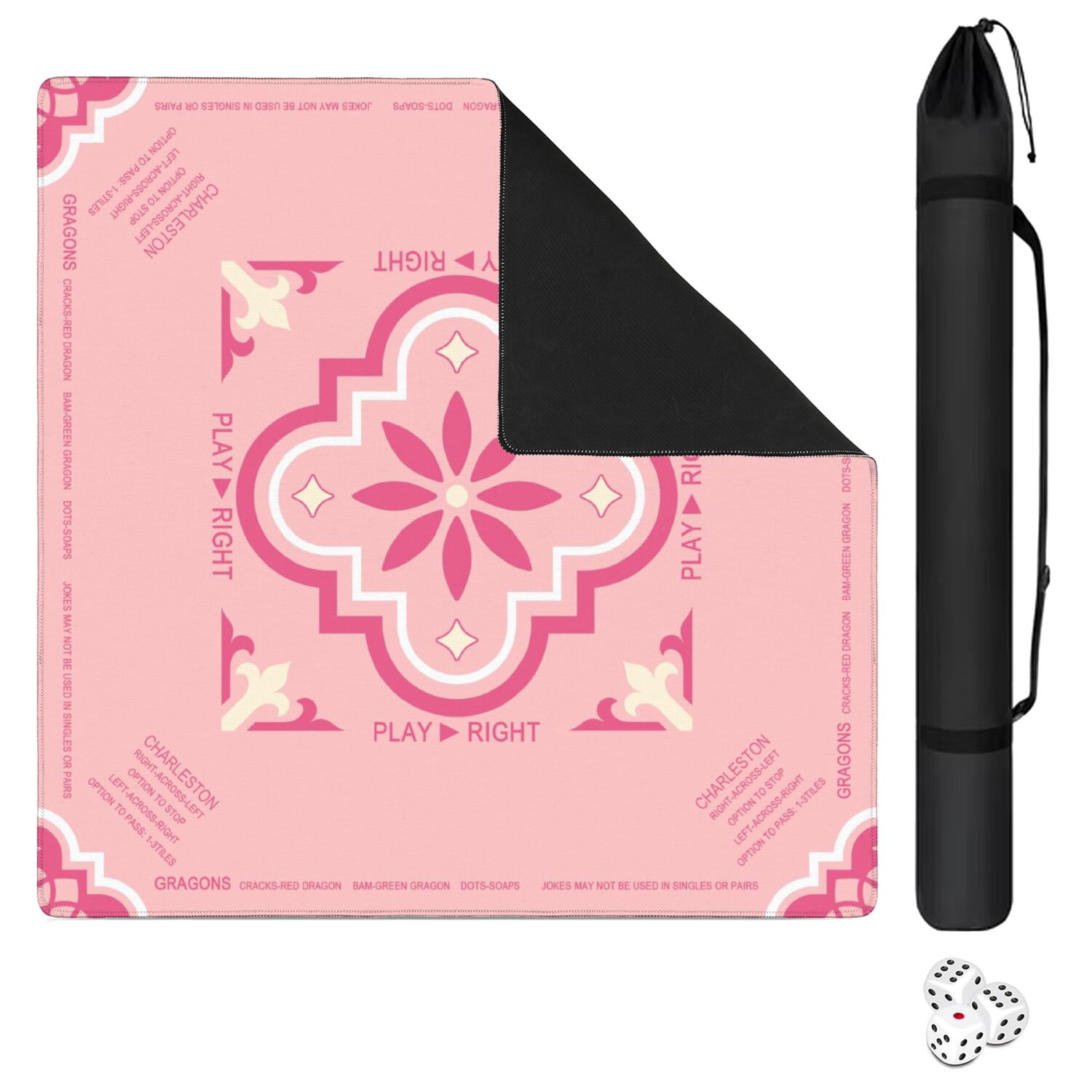 Pink Mahjong Mat with Rules, 31.5*31.5in Anti Slip American Mahjong Mat for Table, Noise Reduction, Neoprene Mah jongg Mats with Carrying Bag & 3 Dices, Mahjong Supplies Gift, Board Tile Games Mats