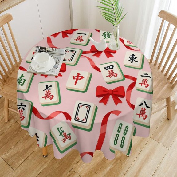Pink Mahjong Ribbons Table Cloth 60 in Waterproof Round Tablecloth Washable Table Cover for Kitchen Outdoor Decor