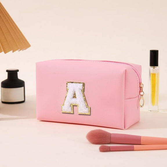 Pink Makeup Bag with Initial Makeup Bag, Small Makeup Bag for Purse, Cute Makeup Bag, Make Up Bags for Women, Teens Girls, Cosmetic Bag Travel Toiletry Bag Waterproof, Large Capacity
