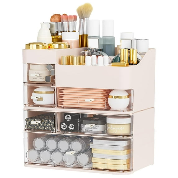 Pink Makeup Countertop Organizer,Large Capacity Make up Organizers for Vanity with 6 Drawer,Plastic Bathroom Skincare Organizers for Eyeshadow,Brush,Palettes,Perfume,Beauty Products,Skin Care Storage