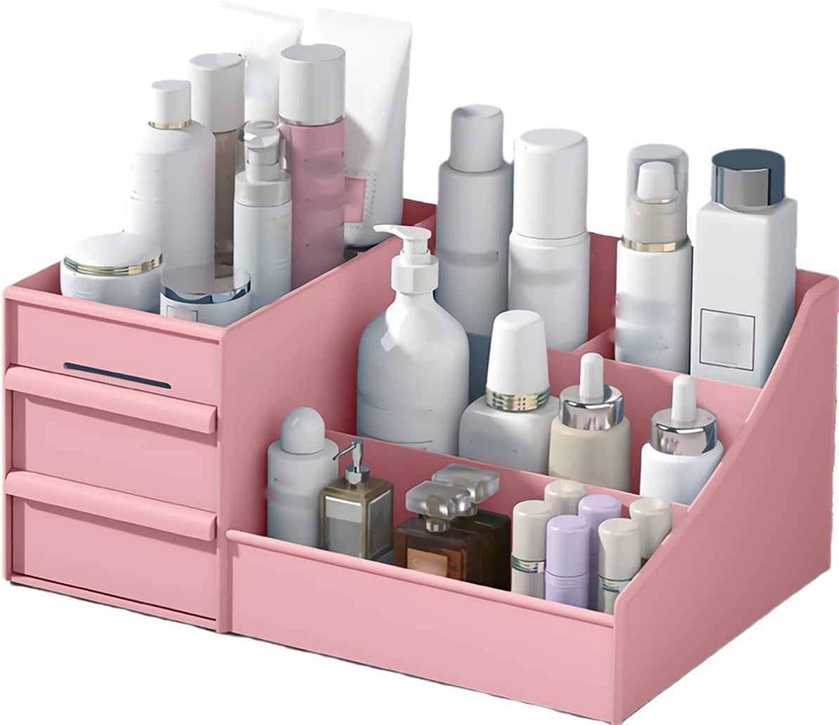 Pink Makeup Desk Organizer With Drawers,Countertop Bathroom Skincare Organizer for Cosmetics, Vanity Holder for Lipstick, Brushes, Lotions, Eyeshadow, Nail Polish and Jewelry Sundries