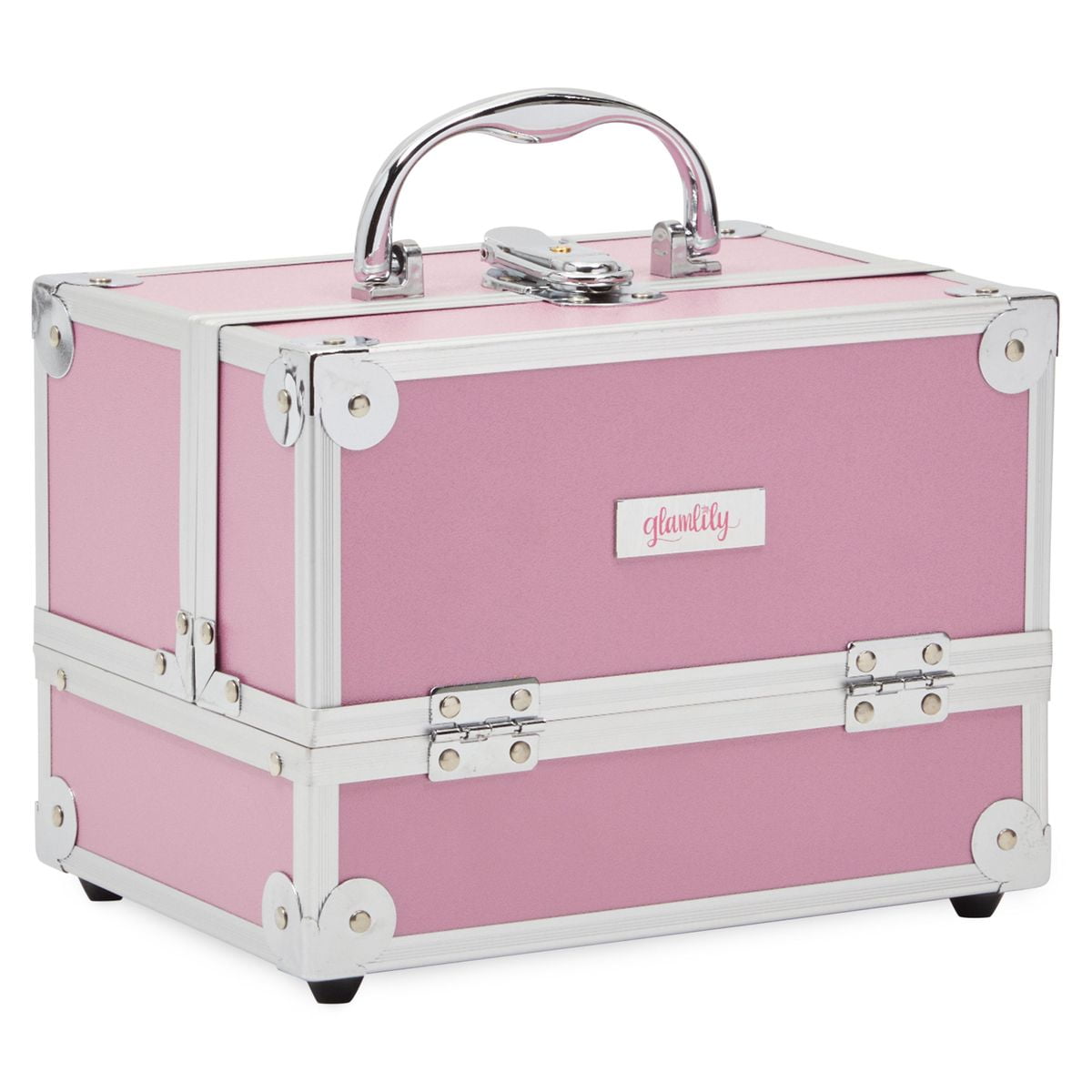 Pink Makeup Train Case with Lock and 2 Keys, 3Tier Cosmetic Storage