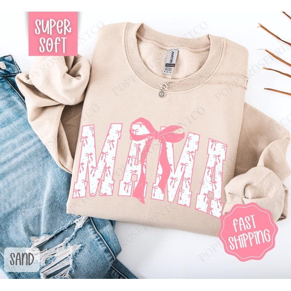 Pink Mama Bow Sweatshirt, Women's Crewneck, Cute Women's Sweater, Mother's Day, Pink Coquette Mama Sweatshirt, for Mom All Size S-5Xl