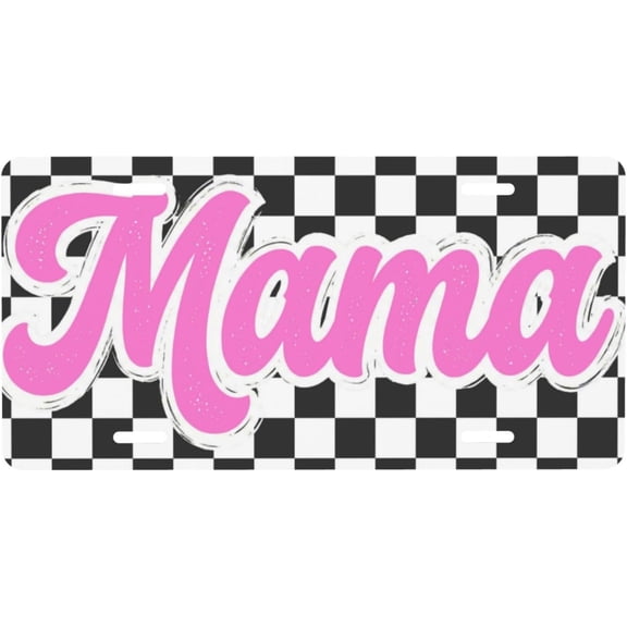 Pink Mama Checkered License Plate, Aluminum Decorative Front Plate, Car Decor, 6 x 12 in