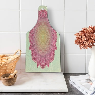 Pink Mandala Cutting Board, Vibrant Universe Tribal Awakening Healing Pattern, Decorative Tempered Glass Cutting and Serving Board, in 3 Sizes, by Ambesonne