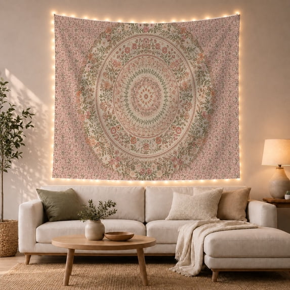Pink Mandala on Soft Cream Background, Calming Boho Style for Meditation Enthusiasts, Boho Wall Art, Housewarming Gift, Tapestry Wall Hanging for Yoga Room and Bedroom