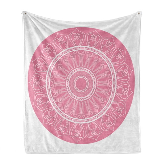 Pink Mandala Soft Flannel Fleece Blanket, Circular Cosmos Motif with Geometric Culture Lines Colorful Illustration, Cozy Plush for Indoor and Outdoor Use, 50" x 60", Baby Pink White, by Ambesonne