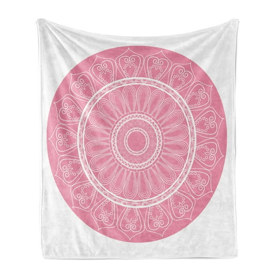 Pink Mandala Soft Flannel Fleece Blanket, Circular Cosmos Motif with Geometric Culture Lines Colorful Illustration, Cozy Plush for Indoor and Outdoor Use, 60" x 80", Baby Pink White, by Ambesonne