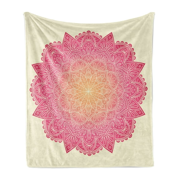 Pink Mandala Soft Flannel Fleece Throw Blanket, Vibrant Universe Tribal Awakening Healing Pattern, Cozy Plush for Indoor and Outdoor Use, 50" x 60", Hot Pink Coral and Cream, by Ambesonne