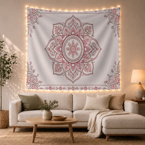 Pink Mandala on White Background, Dreamy Boho for Teen Girls, Floral Wall Art, Birthday Gift, Tapestry Wall Hanging for Bedroom and Dorm