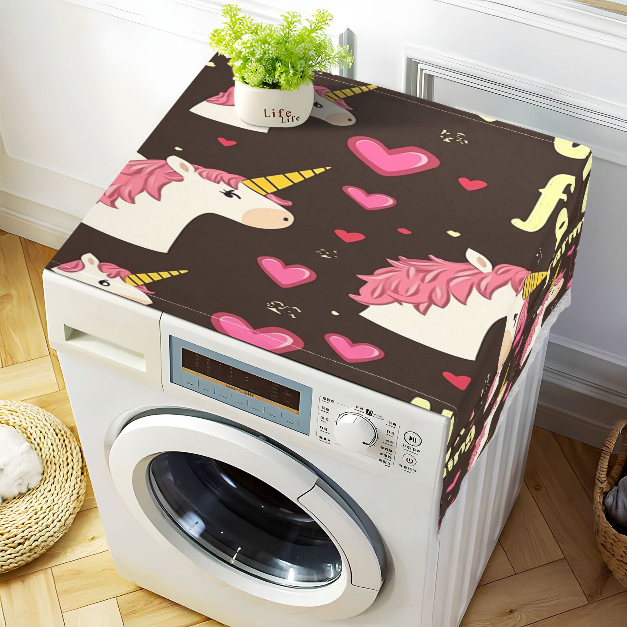 Pink ManeWasher and Dryer Covers Dust-Proof and Oil Resistant Fridge Cover with 4 Storage Pockets Washing Machine Top Cover for Laundry Kitchen Home 51.2 x 22 In
