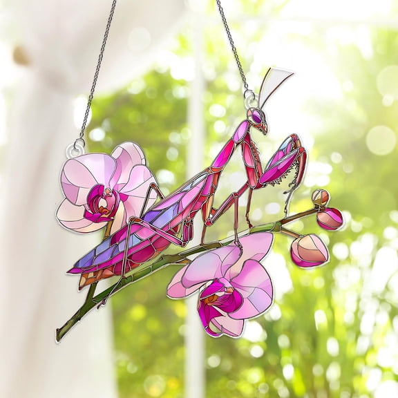 Pink Mantis On Orchid Flower Acrylic Suncatcher, Praying Mantis Suncatcher, Praying Mantis Window Hanging, Insect Decor, Elegant Home Decor