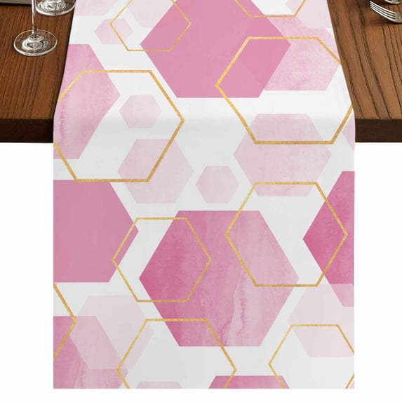 Pink Marble 70 Inch Table Runner, Gold White Geometric Hexagon Modern Farmhouse Dresser Scarf Cotton & Linen Tablerunner for Dining/Kitchen Island/Holiday Party Décor 13" x 70"