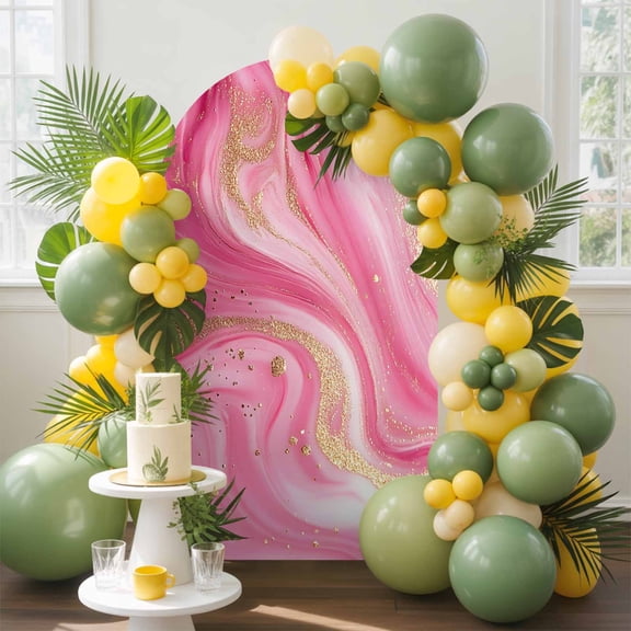 Pink Marble Abstract Arch Backdrop Cover, 4FT, Gold Foil Modern Spandex Arch Covers Double-Sided Backdrop for Wedding Birthday Party Photo Background Decoration
