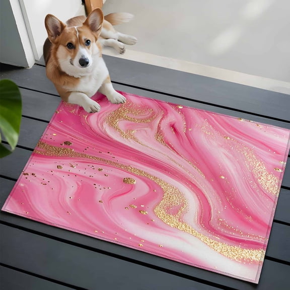 Pink Marble Abstract Front Door Rugs 2x3 ft Gold Foil Modern Small Rug for Entryway Non Slip Washable Bathroom Door Mat Absorbent Floor Mat for Indoor Entrance