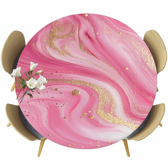 Pink Marble Abstract Round Fitted Table Cover Gold Foil Modern Waterproof Table Cloth with Elastic Edge Wipeable Tablecloth for Picnic Camping Party Fits 36"-44" Diameter