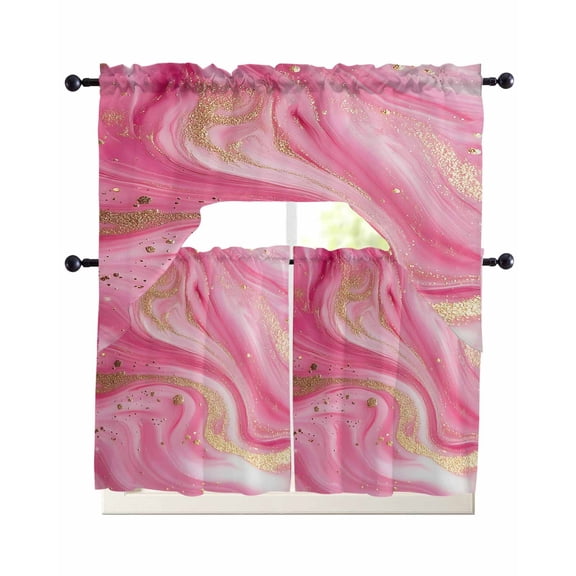 Pink Marble Abstract Swag Valance and Tier Curtains Set Gold Foil Modern Kitchen Curtains 3 Piece Set Rod Pocket Panels for Bedroom Cafe Swag Valances and 24 inches Tiers