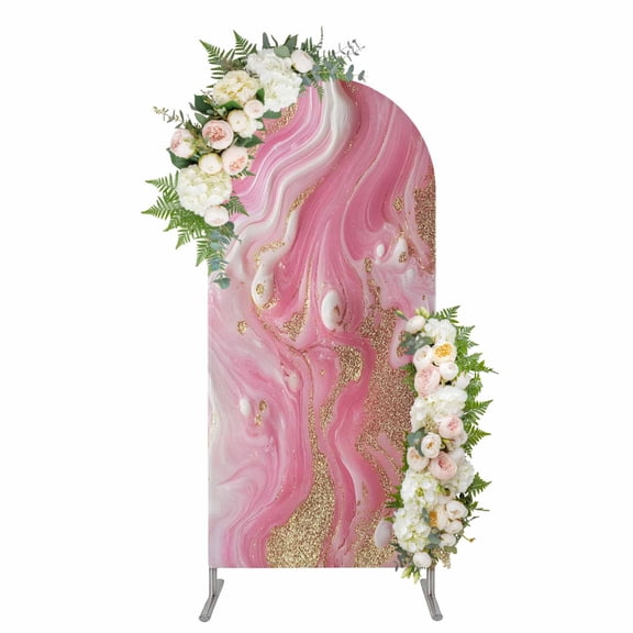 Pink Marble Arch Backdrop Cover 5FT, Modern Ink Painting Abstract Golden Spandex Fitted Stretchy Arch Stand Covers, Round Top Chiara Backdrop Cover for Wedding Party Birthday Baby Shower