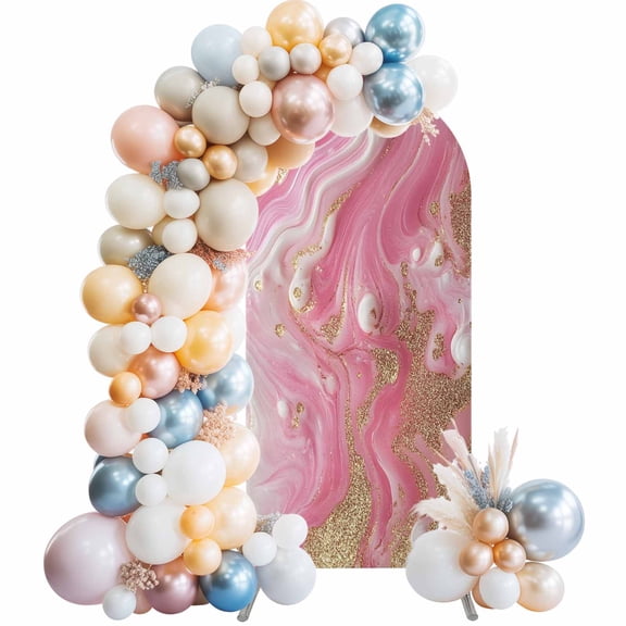 Pink Marble Arch Backdrop Cover 6.6x3.3 Ft, Spandex Wedding Arch Stand Cover, Modern Ink Painting Abstract Golden Round Top Stretch Fitted Background Covers for Birthday Ceremony Party Decor