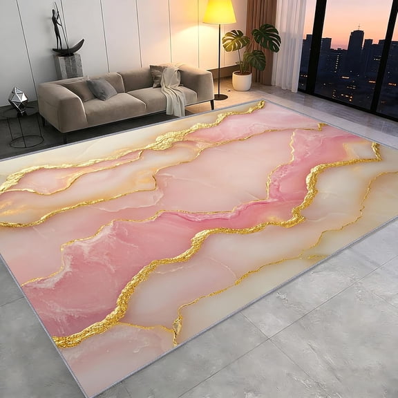Pink Marble Area Rug, Abstract Stripes Luxury Pattern Carpet, Washable Non Slip Low Pile Soft Thin, Living Room Bedroom Study Office Entrance Home Decor Mat 2x3ft(Small)