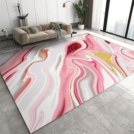 Pink Marble Area Rug, Golden Fluid Texture Home Decor Rug, Soft Non-Slip Carpet For Living Room Bedroom Study Dining Room Floor Mat 5x7ft