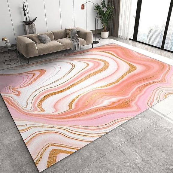 Pink Marble Area Rug, Ladies Fluid Marble Indoor Bedroom Rugs, With Non Slip Backing Washable Rug For Woman Bedside Living Room Kitchen Dining Room Decor Floor Mat 4x5ft