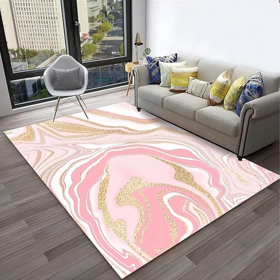 Pink Marble Area Rug, Luxurious Golden Texture Marble Non Slip Kids Rugs, Noise Reduction Machine Washable Carpet For Indoor Living Room Bedroom Office Decor Mat 1x2ft