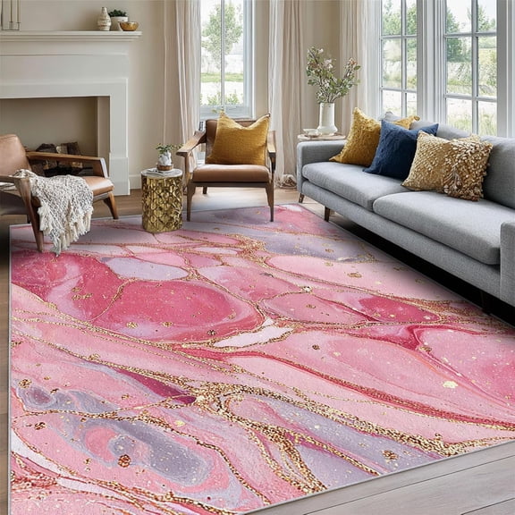 Pink Marble Area Rug, Modern Urban Design Carpet, Washable Non Slip Soft Low Pile, Living Room Bedroom Kitchen Office Mat 2x3ft