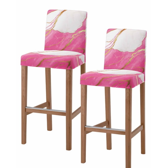 Pink Marble Bar Stool Covers Set of 2, Nature Marble Crack Yellow Lines Art Stretch Washable Bar Chair Covers with Backs, Removable Pub Counter Height Chair Cover for Kitchen Dining Room Cafe