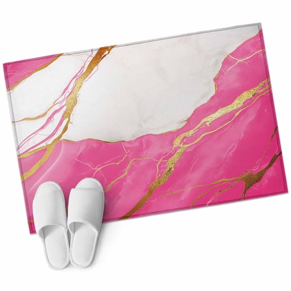 Pink Marble Bathroom Mat 2x3 FT, Non Slip Small Kitchen Mat, Nature Marble Crack Yellow Lines Art Washable Soft Backed Front Door Throw Rug Non-Shedding Indoor Outdoor Doormat for Entryway Sink
