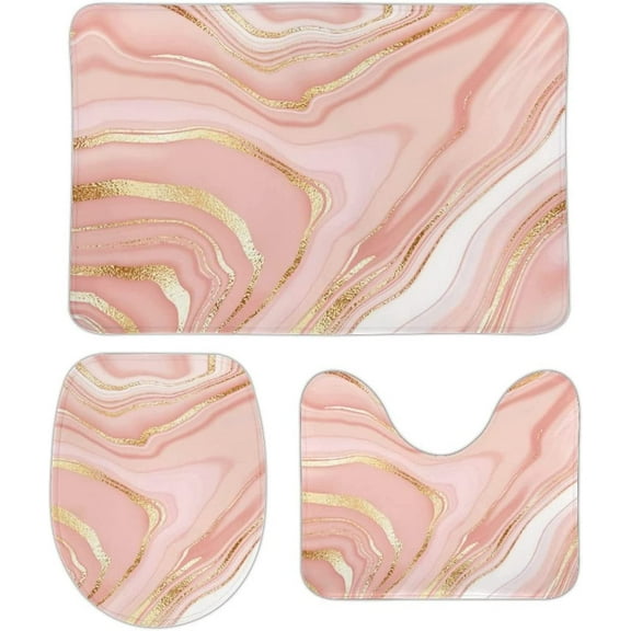 Pink Marble Bathroom Rugs and Mats Sets 3 Piece Washable Coral Non Slip Bath Mat Rugs with Backing Pad Contour Rug
