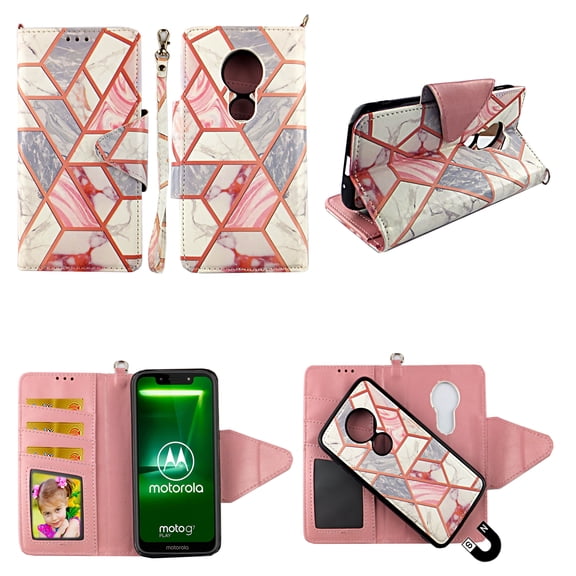 Pink Marble Case for Motorola G7 Play Magnetic Detachable Pu Leather Wallet Cover Flap Closure and Snap-on Book Style Cases Card Holders Wrist Strap 2 in 1 Folio