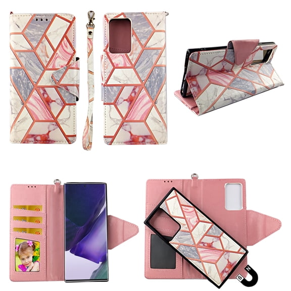 Pink Marble Case for Samsung Galaxy Note 20 Magnetic Detachable Pu Leather Wallet Cover Flap Closure and Snap-on Book Style Cases Card Holders Wrist Strap 2 in 1 Folio