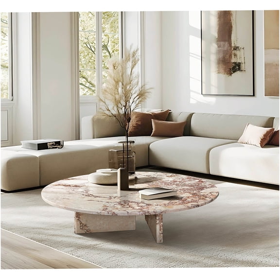 Pink Marble Coffee Table, Round Natural Stone Accent Table with Metal Base for Living Room, Luxury Designer Centerpiece