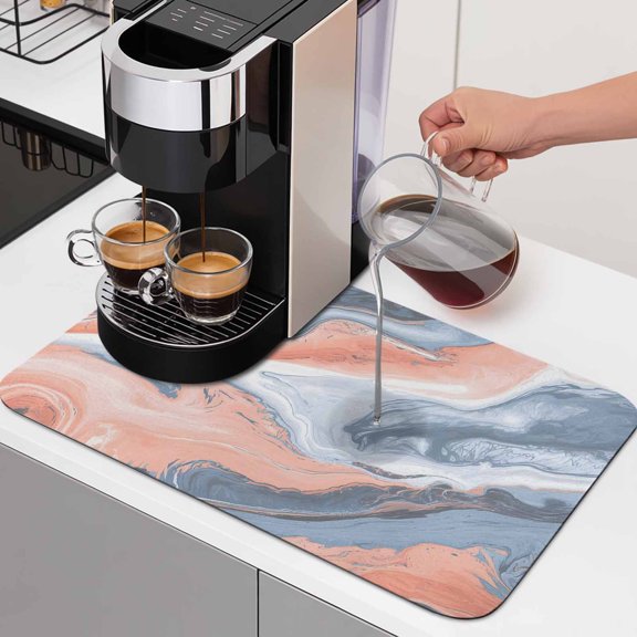 Pink Marble Dish Drying Mats for Kitchen Counter, Modern Abstract Fantasy Orange Gray Blue Marble Waves Absorbent Coffee Bar Mat with Non-slip Rubber Backed Quick Drying Dish Rack Pad 16"x18"
