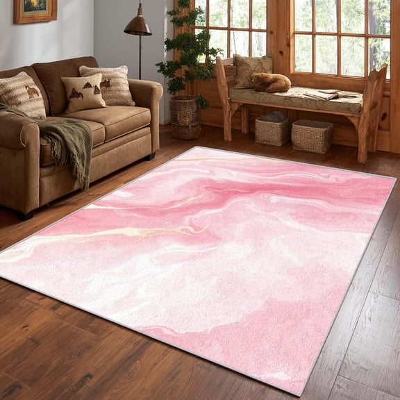 Pink Marble Fluid Area Rug, Abstract Swirl Pattern Carpet, Washable Non Slip Low Pile Soft Thin, Living Room Bedroom Home Decor Mat 5x8ft