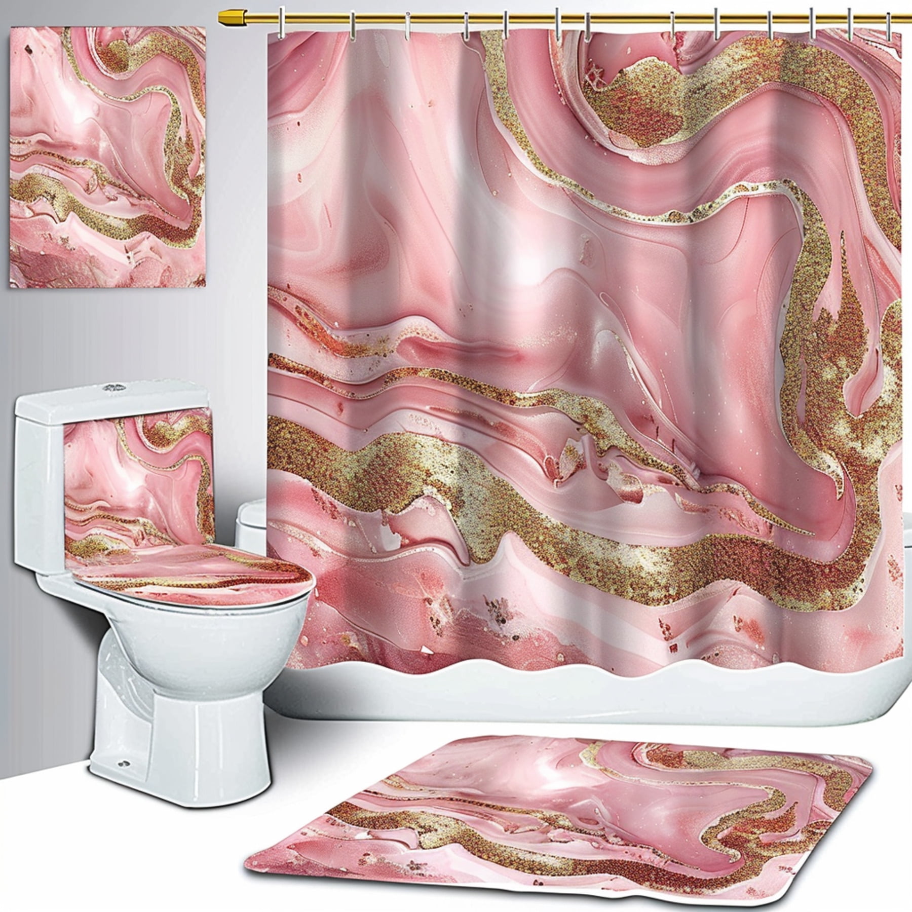 Pink Marble & Gold Glitter Bathroom Set with Shower Curtain Bathroom