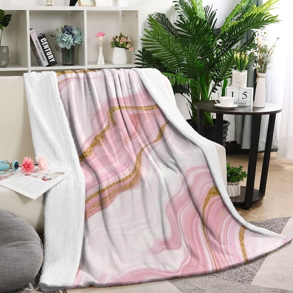 Pink Marble Gold Line Pattern Blanket,Comfortable Soft Flannel Throw Blanket,All Season,Warm Lightweight Blankets for Sofa Bed Couch Living Room Chair,60"x80"