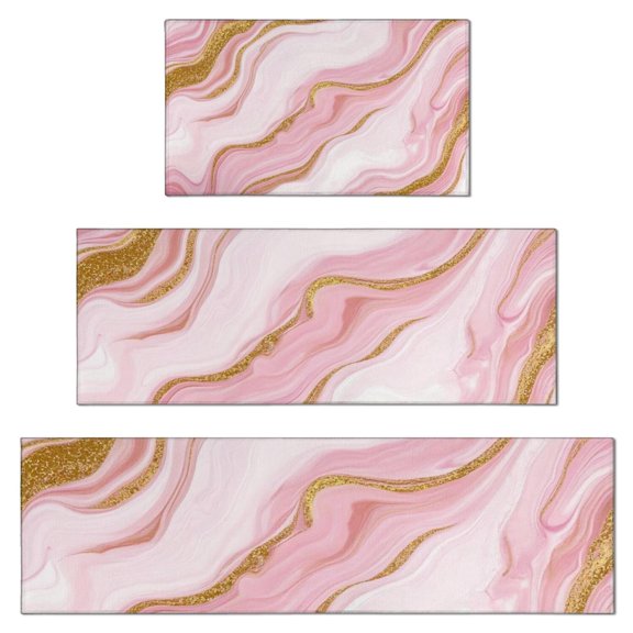 Pink Marble Gold Line Pattern Kitchen Rugs Sets Of 3,Kitchen Runner Rugs Non Skid Washable,Decorative Kitchen Floor Mats for Kitchen,Sink,Laundry,17"x30"+ 17"x47" + 17"x59"