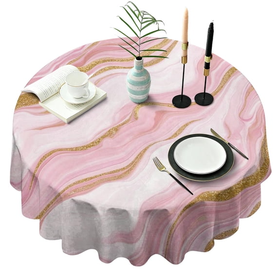 Pink Marble Gold Line Pattern Round Tablecloth 60"x60",Wrinkle Wipeable Table Cloth for Kitchen Dining Room Picnic Patio Party