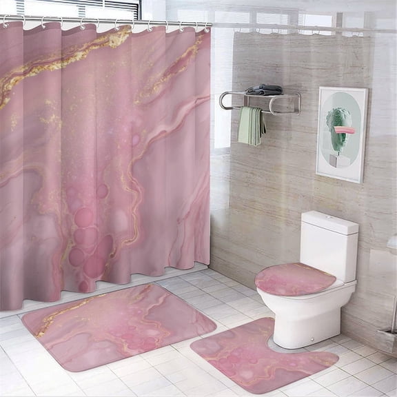 Pink Marble Gold Vein Texture Shower Curtain Bathroom Sets Toilet Lid Rug, Bath Mat And Contour Mat, Shower Curtain 4Pcs