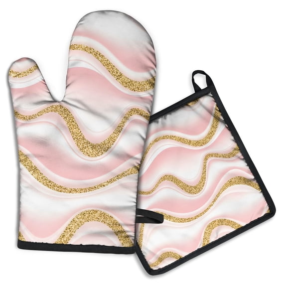 Pink Marble Gold Wave Pattern Kitchen Oven Mitt and Pot Holder Sets 2 Pcs for Baking, Cooking and Grilling, Heat Resistant Up To 392 °F
