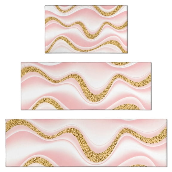 Pink Marble Gold Wave Pattern Kitchen Rugs Sets Of 3,Kitchen Runner Rugs Non Skid Washable,Decorative Kitchen Floor Mats for Kitchen,Sink,Laundry,17"x30"+ 17"x47" + 17"x59"
