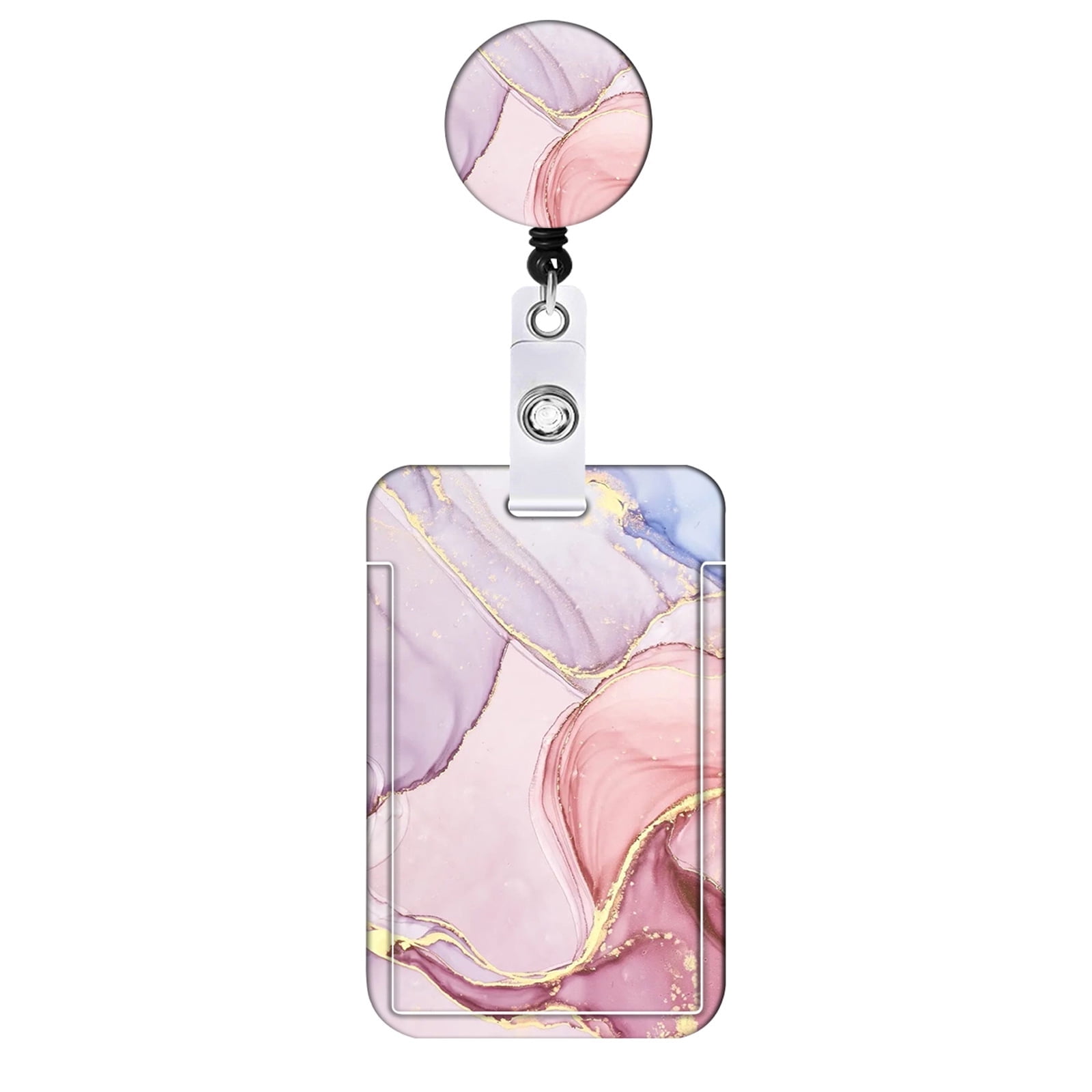 Retractable Badge Reels With Purple Gold Marble Design - ID Card Holders For Teachers, Nurses, Office Workers