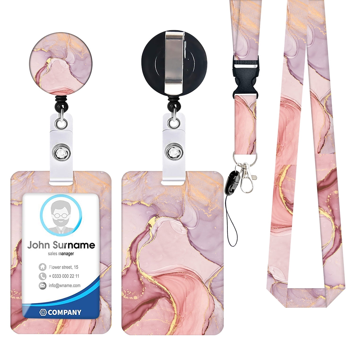 Pink Marble Heavy Duty Badge Holder with Retractable Reel,ID Card Holder Cover Case,Work Badge  with Key Ring Lanyard